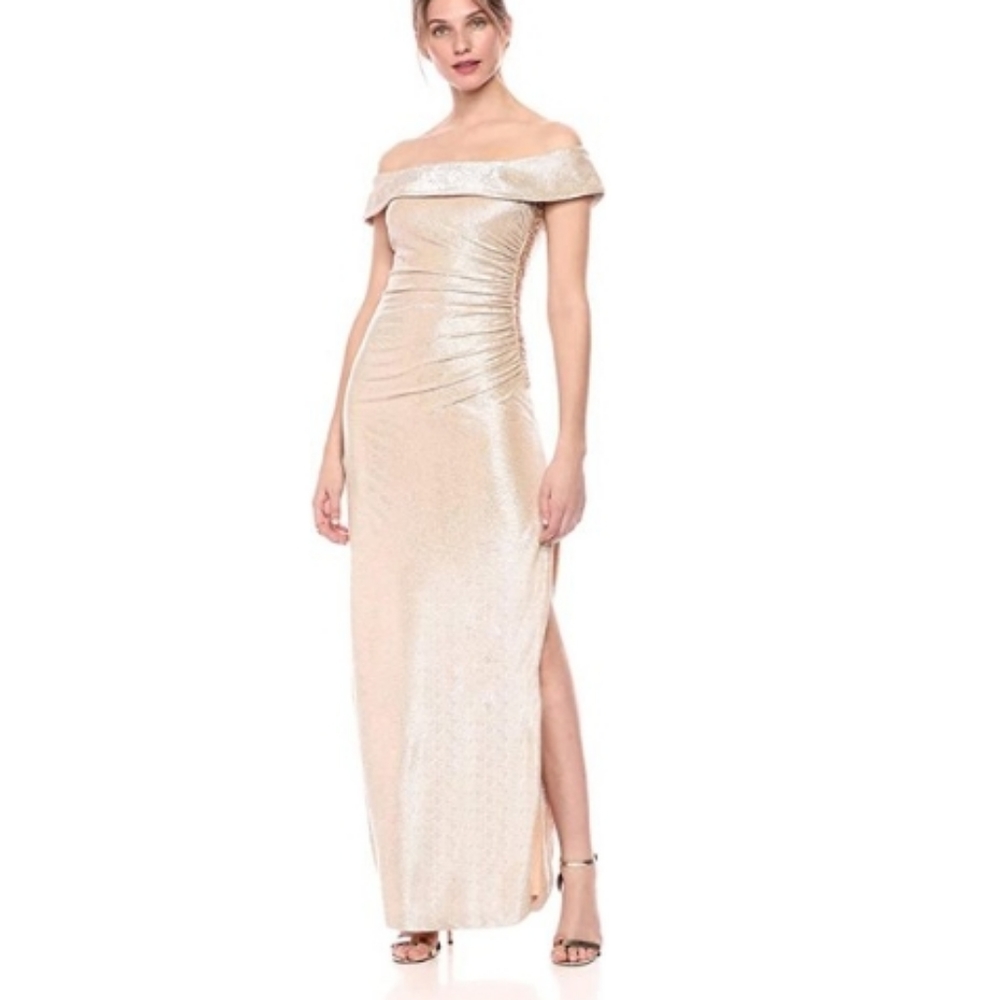 Calvin Klein Metallic Off-The-Shoulder Gown